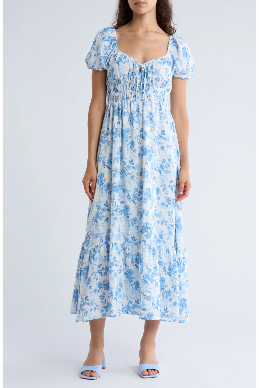 Blue Floral Puff Sleeve Midi Dress